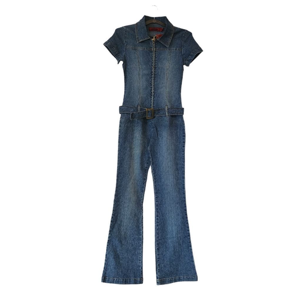 Solid Dark Blue Denim Jumpsuit with Belt